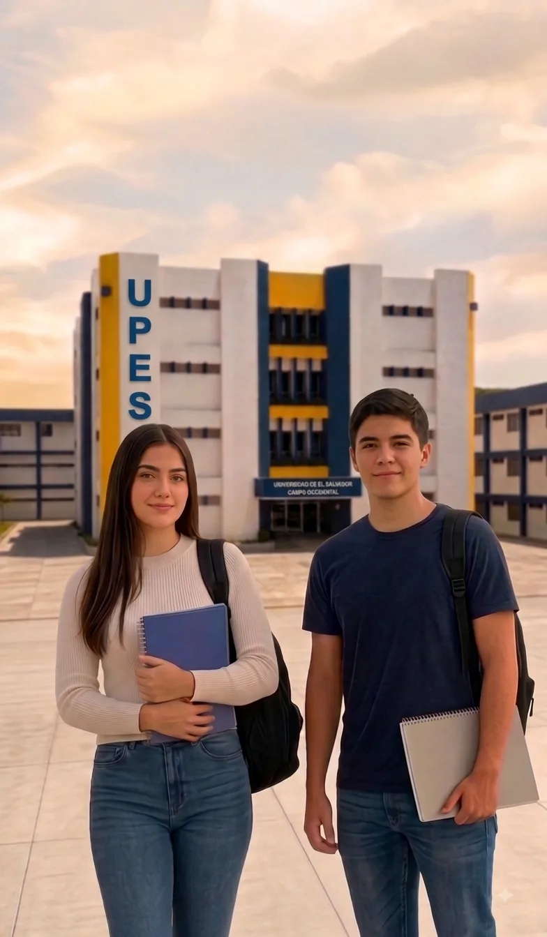 Dos estudiantes de la UPES con sus cuadernos frente al campus